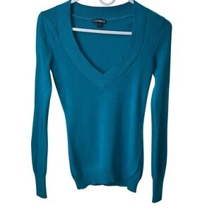 Express Womens Turquoise Blue V-Neck Long Sleeve Ribbed Trim Knit Sweater Small‎